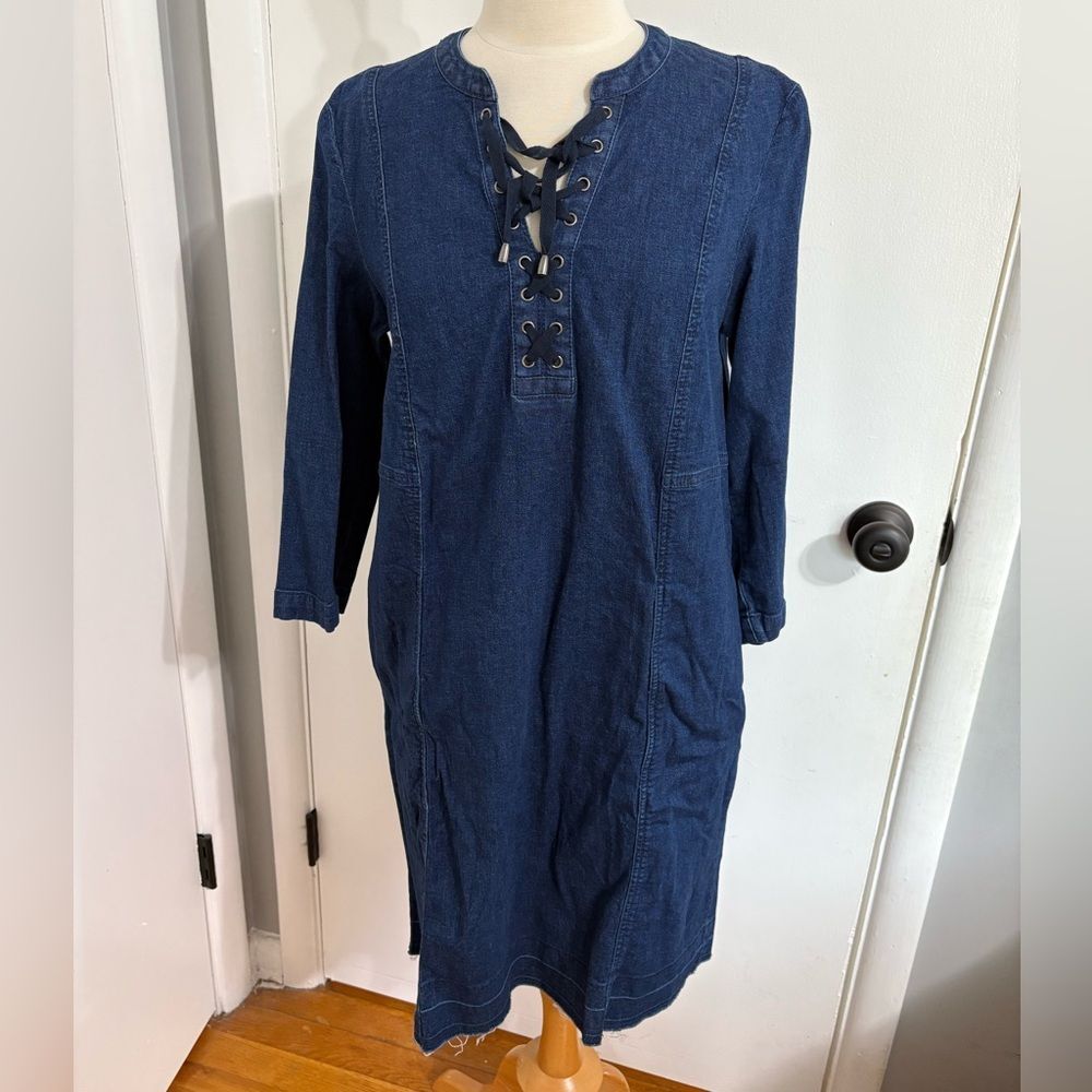 J Jill Denim Lace-Up Shirt Dress Sz M Raw Hem Pockets